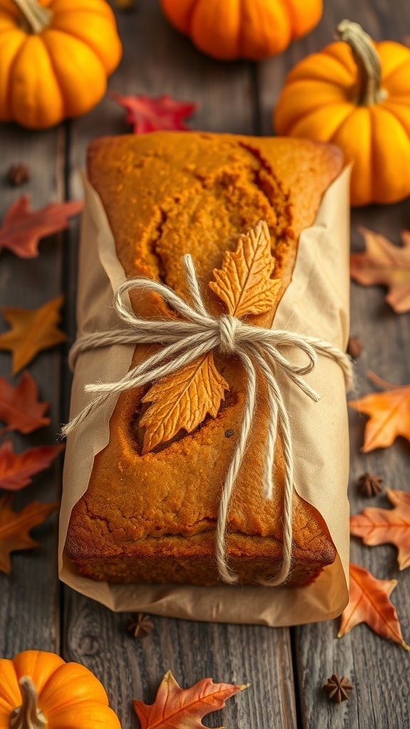 Homemade Pumpkin Bread Gift Recipe A wrapped loaf of pumpkin bread with twine and autumn leaves on a wooden table.